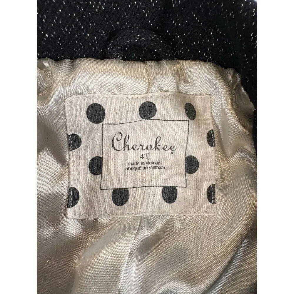 Cherokee Girls 4T Black Flecked Tweed Button Coat Jacket w/ Bow, Lined